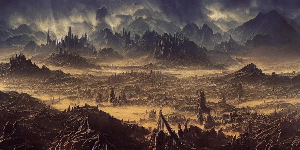 Prompt: “matte painting, helms deep, view from above, Bruce Pennington”