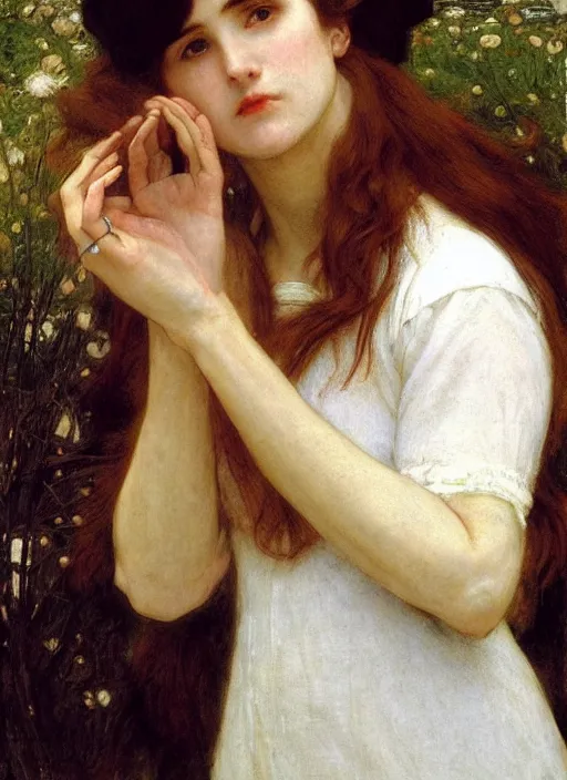 Image similar to an beautiful nurse in a white dress and short sleeves with red long wet flowing hair and shiny wet skin, by John Everett Millais and Dante Gabriel Rossetti and John Collier and john william waterhouse, pre-raphaelite, detailed, trending on artstation, hd, masterpiece