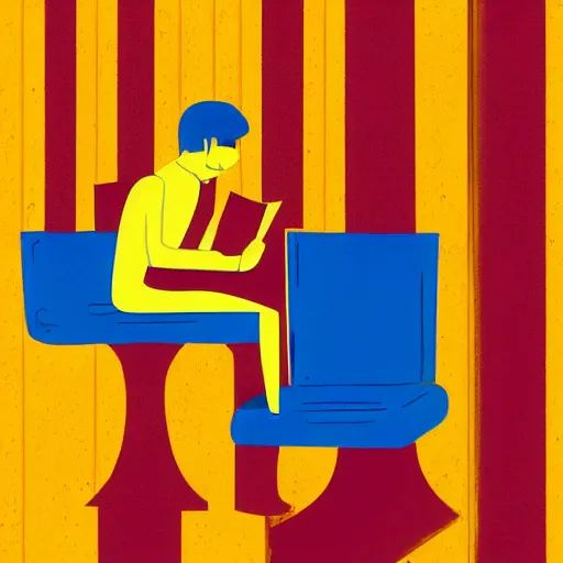 Image similar to a beautiful illustration of a man reading a book in coffee shop corner. blue and yellow color scheme. by tomhaugomat