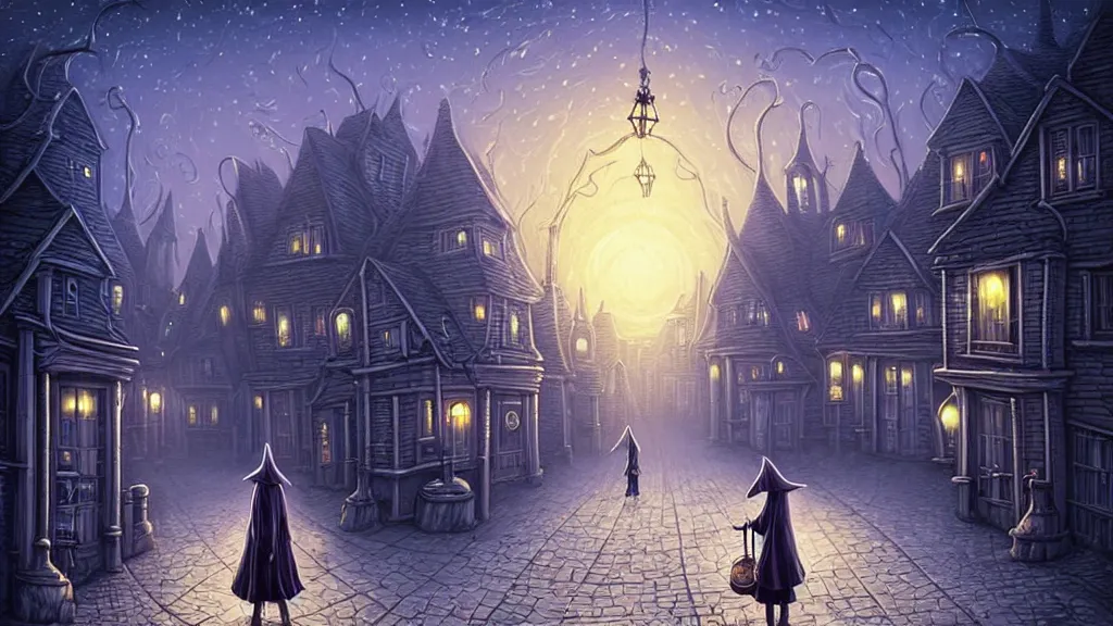 Image similar to lady dressed in long hooded cloak walks in empty lovecraftian town square surrounded by houses and inns.. cthulhu statue.. lovecraftian city at night by cyril rolando and naomi okubo and dan mumford and ricardo bofill.. lovecraft.. cobbled streets.. oil lamp posts.. lovecraftian.. starry night swirly sky.