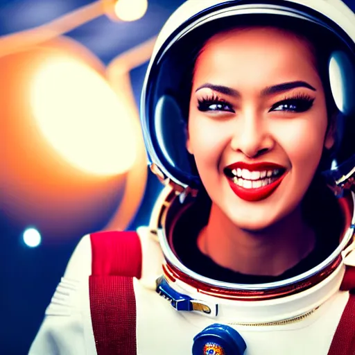 Prompt: a closeup photo of rihana as a hero sci fi space cosmonaut in a nice action pose, there is an explosion on the background, lighting her with a rim light, she is laughing, f 2. 8, advertising studio lighting,