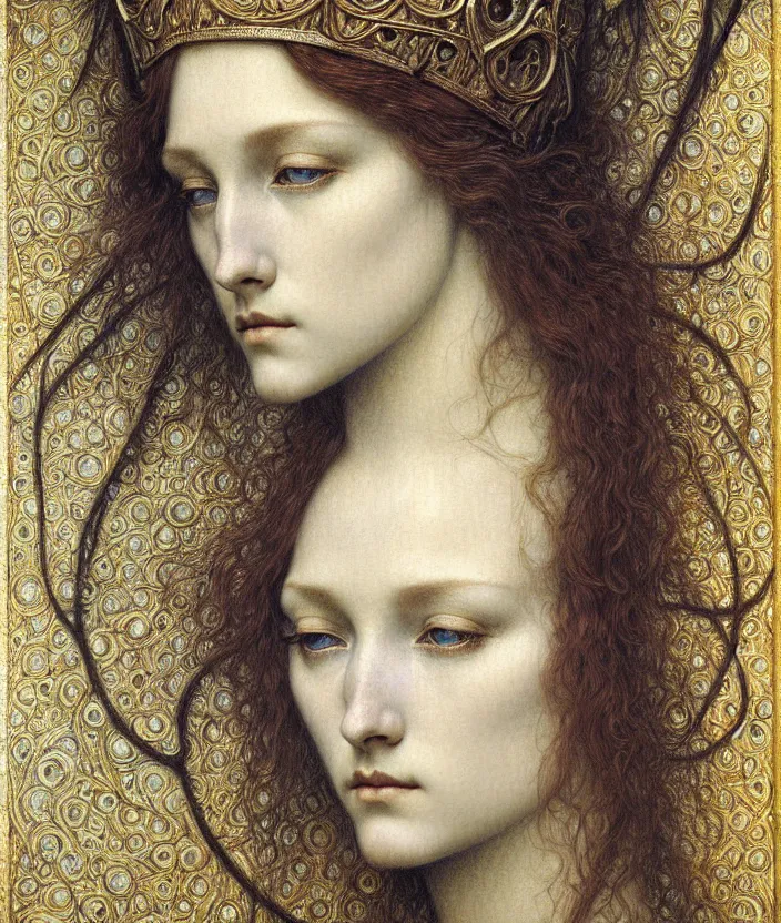 Image similar to detailed realistic beautiful young medieval queen face portrait by jean delville, gustave dore and marco mazzoni, art nouveau, symbolist, visionary, gothic, pre - raphaelite. horizontal symmetry