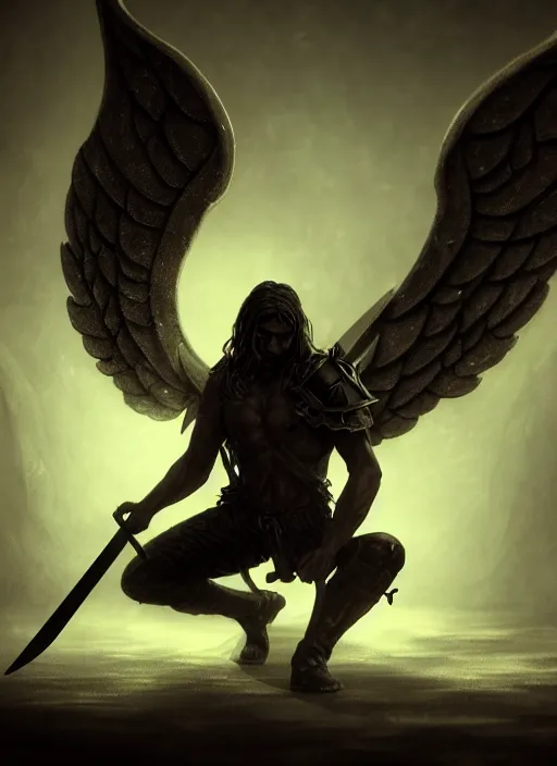 Image similar to fantasy art, fallen man angel kneeling on the knees with a sword and shield, close-up, bokeh. dark art masterpiece artstation. 8k, sharp high quality illustration in style of Jose Daniel Cabrera Pena and Leonid Kozienko, Tooth Wu, studio lighting. angel with big wings