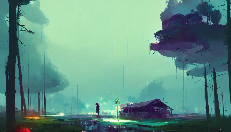 Prompt: concept art by ismail inceoglu and sparth, cel shaded, cinematic shot, trending on artstation, high quality, brush stroke, vibrant colors, it's raining cats and dogs, silent night, mysterious amethyst mine, glowing moss, lonely atmosphere
