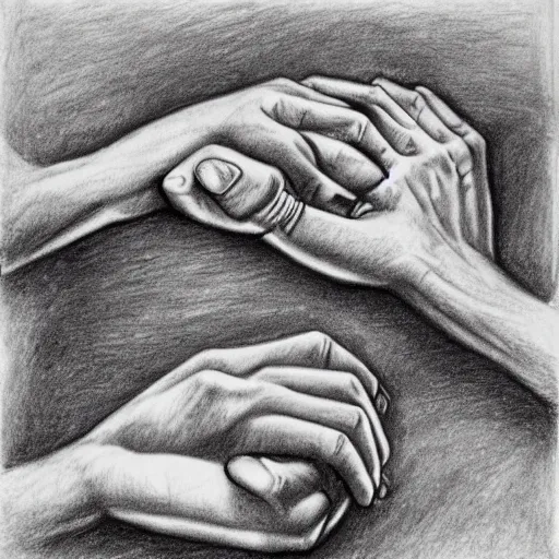 Image similar to M.C. Escher two hands drawing each other, black and white pencil sketch of real hands drawing themselves