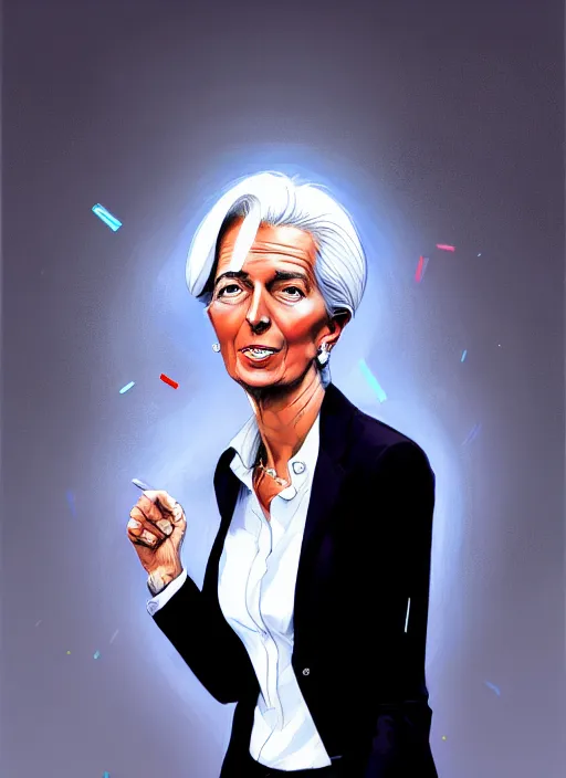 Image similar to a ultradetailed beautiful panting of christine lagarde wearing a stylish shirt with a tie, she has black hair, dancing, background explosion, by jesper ejsing, ilya kuvshinov, greg rutkowski on artstation