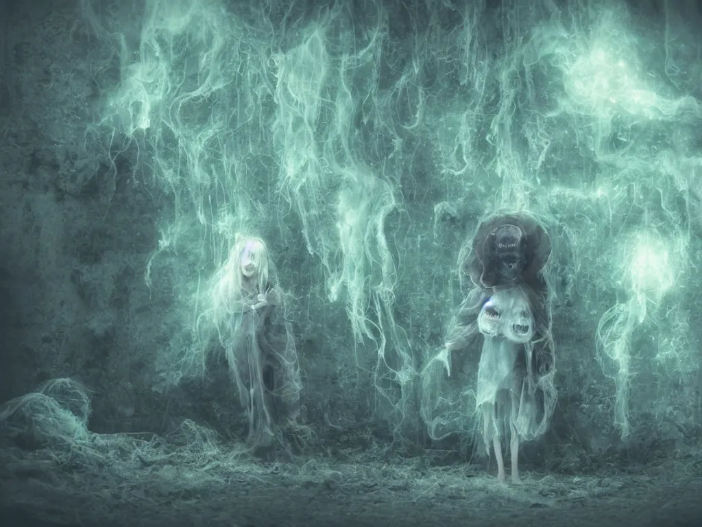 Image similar to cute fumo plush smiling ectoplasmic jellyfish ghost girl lingering in a mysterious concrete organic ruin, technicolor horror, chibi gothic maiden in tattered melting rags, glowing wisps of hazy green smoke and eerie blue volumetric fog swirling about, moonlight, glowing lens flare, vray