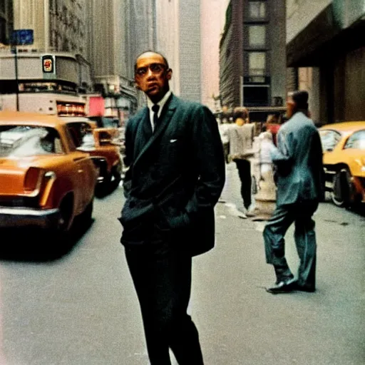 Image similar to portrait of a man in a suit in the streets of new york, 1 9 6 0 s, colour film street photography, photo taken with ektachrome, featured on flickr, photographed on damaged film