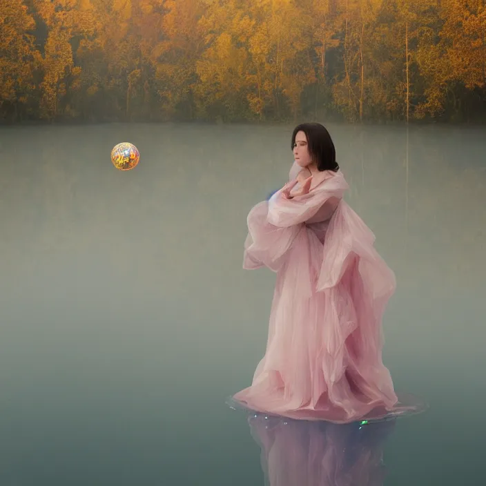 Prompt: a closeup portrait of a woman wrapped in plastic, standing next to a levitating iridescent vinyl orb, in a foggy lake, color photograph, by vincent desiderio, canon eos c 3 0 0, ƒ 1. 8, 3 5 mm, 8 k, medium - format print