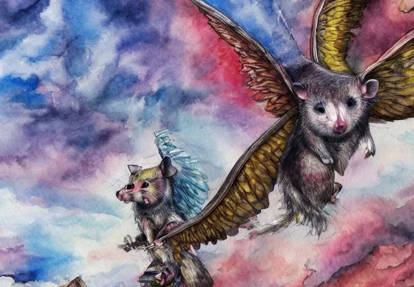 Image similar to legendary colorful winged possum flying over a medieval castle under a dark starred sky, dark fantasy, watercolor, dreaming illusion, highly detailed, 4k, trending on Artstation, award-winning