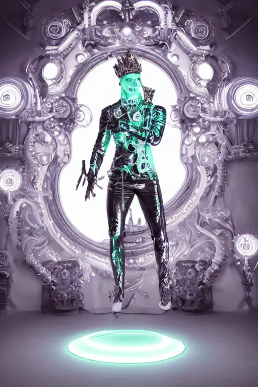 Image similar to full-body rococo and cyberpunk style neon statue of a young attractive Chris Hemsworth macho dotado e rico android sim roupa reclining con las piernas abertas e la piroca dura, glowing white lasers, glowing eyes, silver prince crown, silver steampunk gears, white diamonds, swirling mint-colored silk fabric. futuristic elements. ethereal white dripping tar. full-length view. space robots. human skulls. large white balloon animals. intricate artwork by caravaggio. Trending on artstation, octane render, cinematic lighting from the right, hyper realism, octane render, 8k, depth of field, 3D