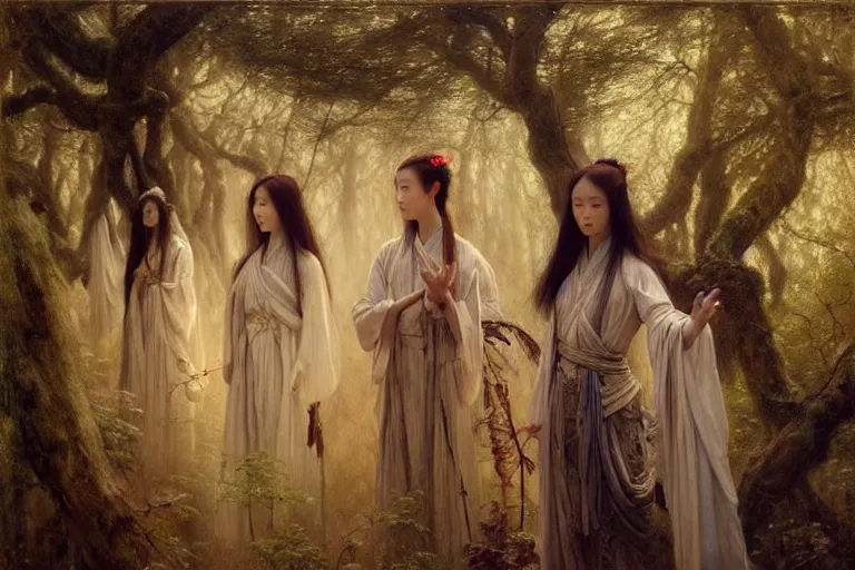 Image similar to wuxia, forest, moonlight, intricate beautiful faces, painting by gaston bussiere, agostino arrivabene, vanessa beecroft, anka zhuravleva, mary jane ansell