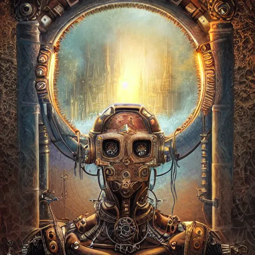 Prompt: dan mumford tom bagshaw, dream world curiosities carnival, photorealistic soft paint of a single very beautiful helmet full long steampunk armored, ultra deep fog, partial symmetry accurate features, focus, very intricate ultrafine details, award winning masterpiece, steampunk world