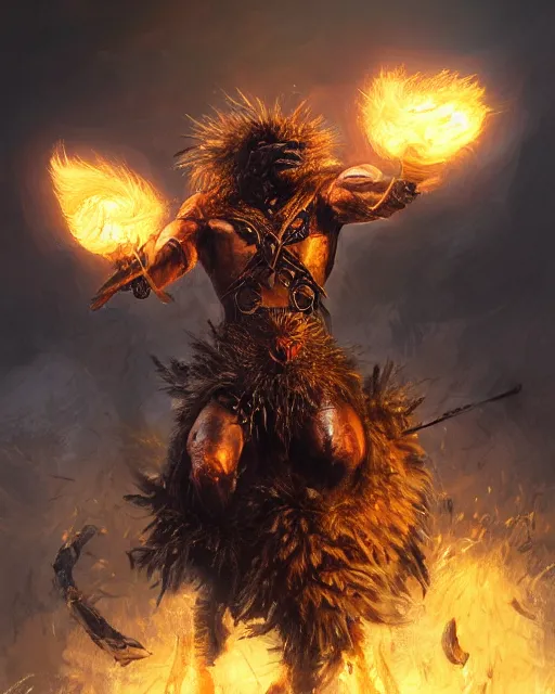 Image similar to oil painting of Angry Anthropomorphized Ostrich Berserker, wearing fur armor, claws, sharp focus, attack pose, fantasy style, octane render, volumetric lighting, 8k high definition, by greg rutkowski, highly detailed, trending on art Station, magic the gathering artwork, burning Battlefield background, centered