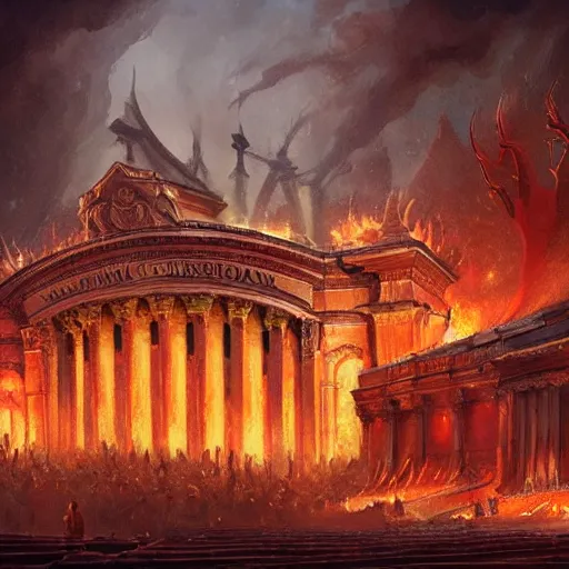 Image similar to the opera house at lviv in hell, inferno, panorama, highly detailed, full body, digital painting, trending on artstation, concept art, sharp focus, illustration, art by artgerm and greg rutkowski and magali villeneuve