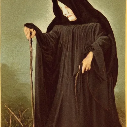 Image similar to a witch wearing a dark hooded cloak