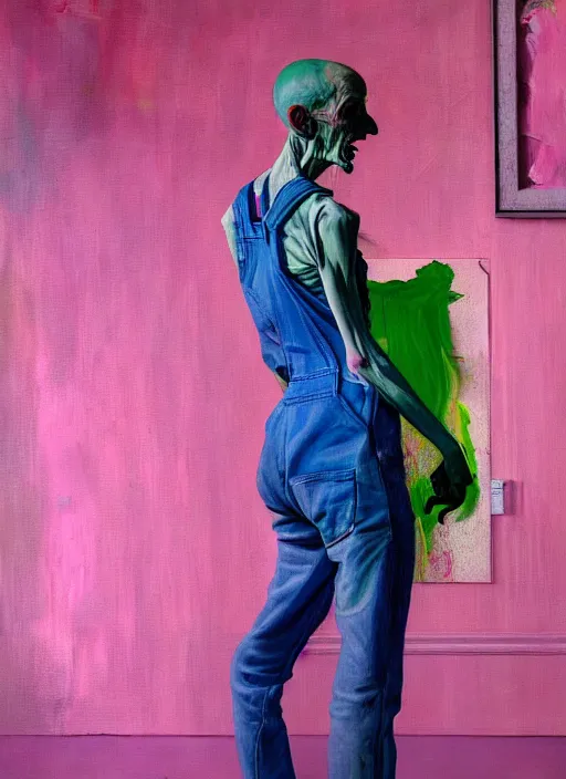 Prompt: an insane, skinny, artist wearing overalls, expressive painting the walls inside a grand messy studio, hauntingly surreal, highly detailed painting by francis bacon, edward hopper, adrian ghenie, glenn brown, and james jean, soft light 4 k in pink, green and blue colour palette, cinematic composition,