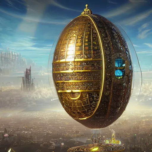 Prompt: enormous flying city in a faberge egg, clear skies, steampunk, fantasy art, masterpiece, unreal engine
