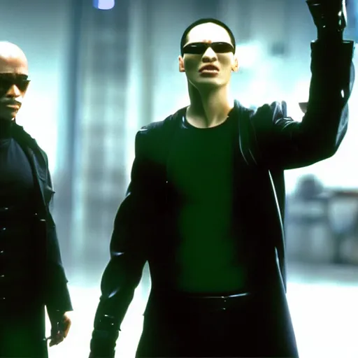 Image similar to Morpheus and Neo from The Matrix fighting the android from I, Robot, HD movie screenshot, promotional still, ultra high definition, detailed, 4k movie