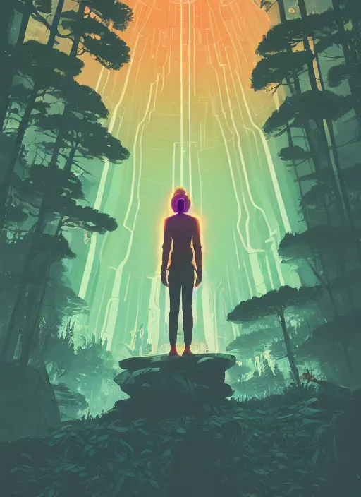 Image similar to an indie game poster of a translucent cyberpunk explorer meditating on an ancient platform in the middle of a dense forest, midnight, risograph by ghostshrimp, kawase hasui, josan gonzalez, jean giraud, moebius, colourful flat surreal design, in the style of oxenfree, super detailed, a lot of tiny details