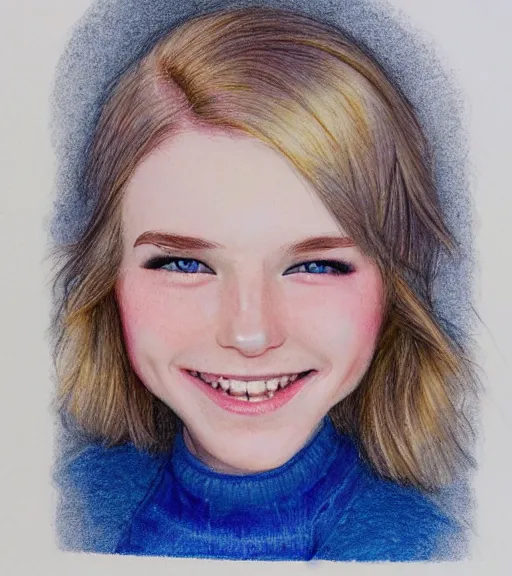 Image similar to claire barnes, a 1 5 - year - old white girl with a round face, pixie cut platinum blonde hair, round blue eyes, rosy cheeks, and a happy expression, highly detailed portrait, color pencil sketch