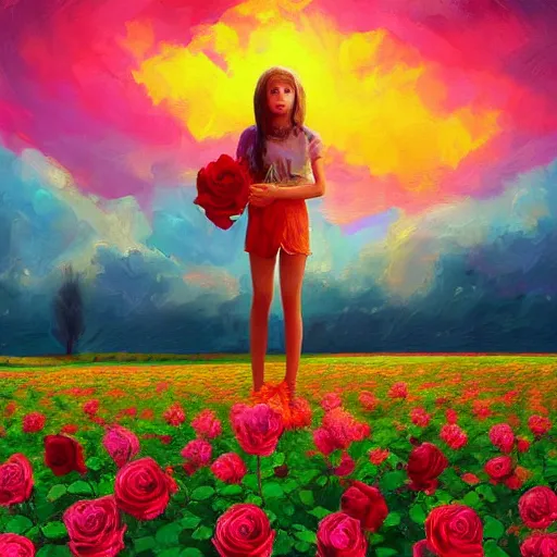 Image similar to large rose for face, girl frontal in a flower field, surreal photography, sunrise dramatic light, impressionist painting, colorful clouds, digital painting, artstation, simon stalenhag