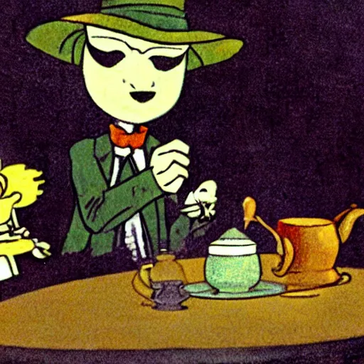 Image similar to count orlok having tea with snufkin and the moomins