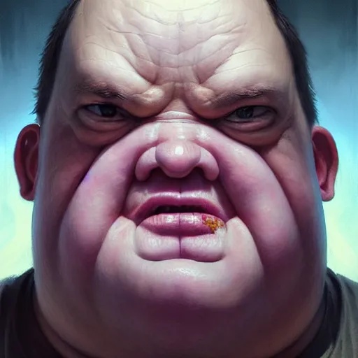 Prompt: hyper realistic, close up portrait of a disgusting fat slob by greg rutkowski, scott m fischer, artgerm, loish, atmospheric, anne stokes, alexandros pyromallis