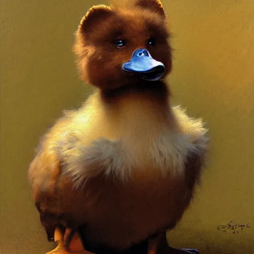 Image similar to a portrait of a furry duck wearing a tshirt and pants, hairy, furry body, furry chest, furry arms, furry legs, tail. highly detailed painting by gaston bussiere, craig mullins, j. c. leyendecker, furry