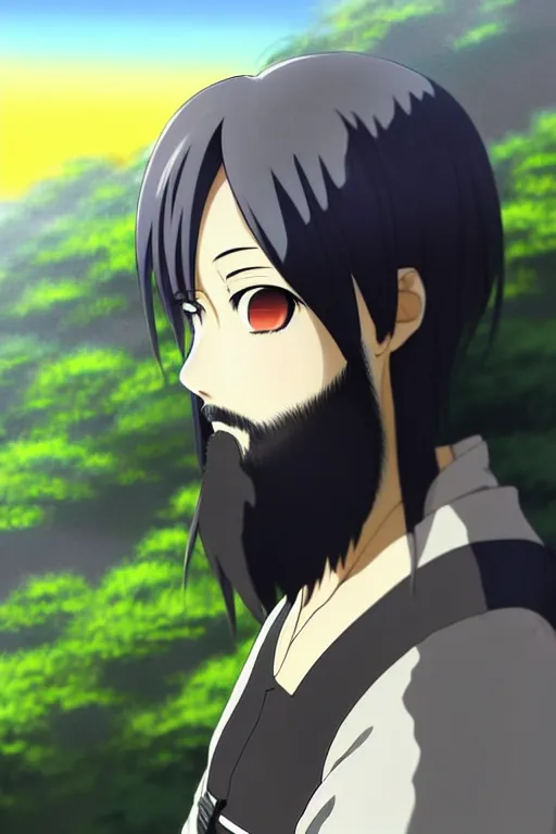 Prompt: anime art full body portrait character concept art, anime key visual of samurai with beard male, black straight bangs and large eyes, finely detailed perfect face delicate features directed gaze, laying down in the grass at sunset in a valley, trending on pixiv fanbox, studio ghibli, extremely high quality artwork