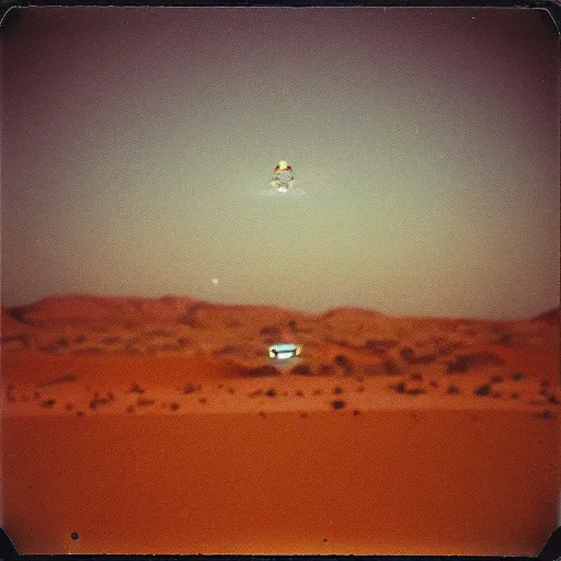 Image similar to a ufo flying over a the desert at night, distant!!, historical photo, old polaroid, expired film,