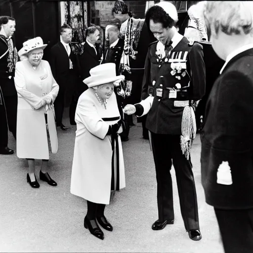 Prompt: the queen of england queen elizabeth the second meeting bob marley at windsor castle, photos by the royal photographers