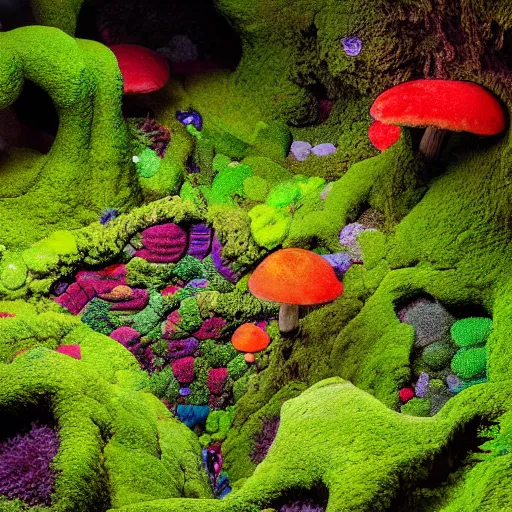 Prompt: a colorful fungus garden in a cave, birds eye view, Hiroo Isono, dark, foggy, cavern, beetles running through the moss, psychedelic, river running through it