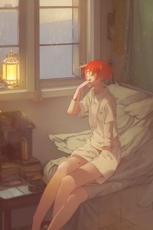 Prompt: a teenage girl with white short hair in a jk uniform outfit in the bedroom reading a book in a night, raining outside the window, orange theme, by krenz cushart and mucha and akihito yoshida and greg rutkowski and makoto shinkai, detailed eyes, 4 k resolution