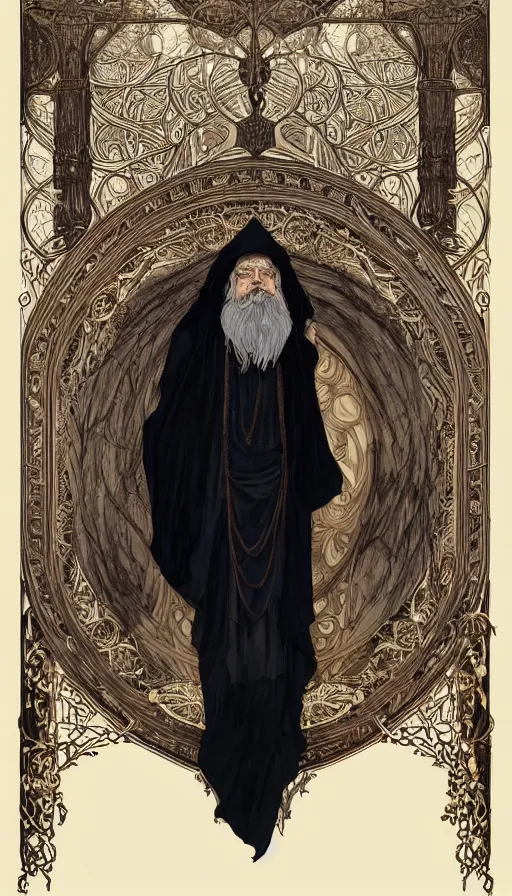 Prompt: the old man with white beard wore a black cloak and carried a lamp, a black cloak and a white beard, highly detailed, very intricate, art nouveau, gold filigree, left right symmetry, tarot concept art watercolor illustration by mandy jurgens and alphonse mucha and alena aenami, featured on artstation