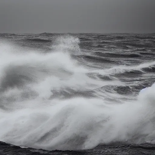 Image similar to dark ocean, towering waves, grey - scale, highly turbulent, deep focus, no sky, elevation view, hidden hands and faces