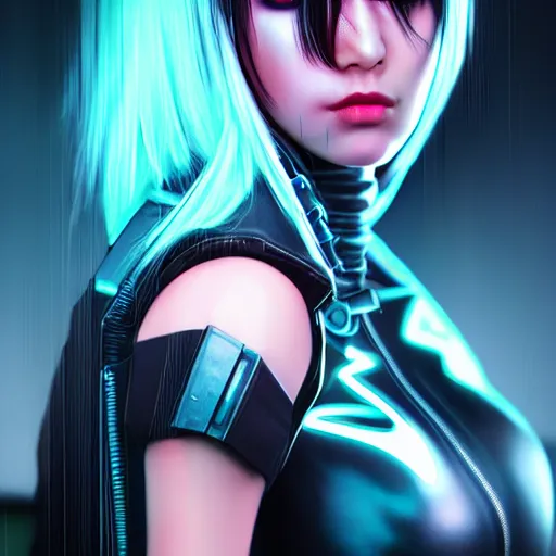 Prompt: An epic comic hyperrealistic half body portrait anime painting of a cyber warrrior girl wearing futuristic wardrobe, black and reddis, ultradetailed face expression trending on artstation and artbreeder, cyberpunk 2077 color, heavy rainning at tokyo night, neon light rooftop, unreal 5, DAZ, 8k, unreal 5 engine render, cosplay, RPG portrait, final fantasy Vll world concept, dramatic lighting, rim lights, PS5 render quality