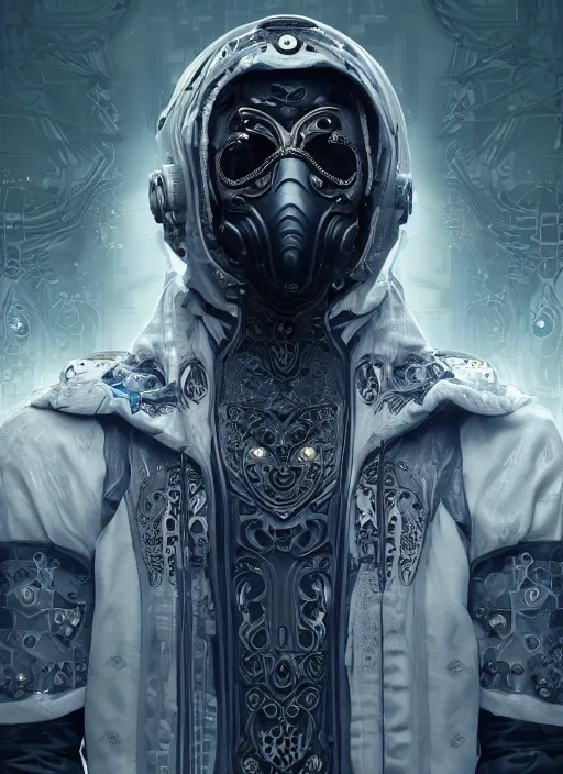 Prompt: a handsome male ornate cyborg with a white techwear mask, purple garment with art nouveau ivory accessories, dressed in black intricate lace and jewels, ethereal, misty, cyberpunk, darksynth, luxury, concept art by zeen chin, extremely detailed, artstation, andree wallin, edvige faini, alphonse mucha, 8 k, unreal engine 5