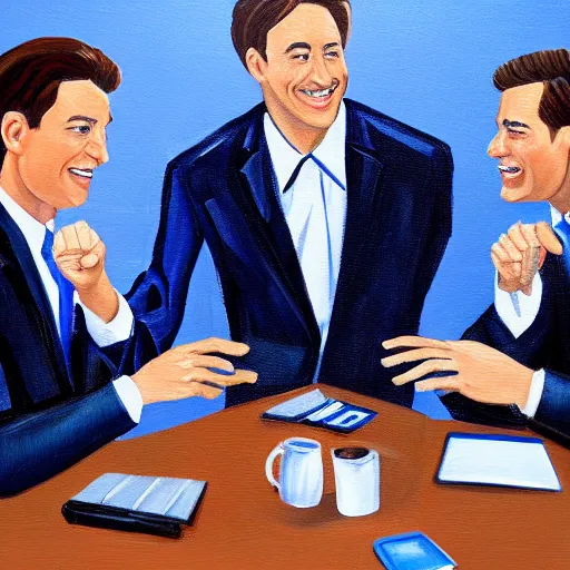 Image similar to hyperrealistic painting image where 3 happy businessmen appear in a business meeting