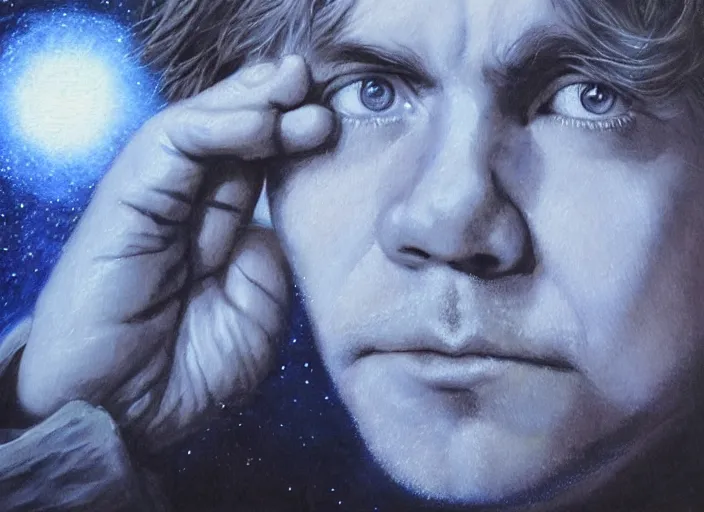 Prompt: Beautiful oil painting of Luke Skywalker on the Moon by Titian and Chie Yoshii and yumi1805 and nyktalgia, portrait, Star Wars, symmetrical face, intricate, face, blue iris eyes, dirty blonde hair, elegant, light grey mist, dust, space, highly detailed, dramatic lighting, sharp focus, deviantart, trending on artstation, artstationHD, artstationHQ, unreal engine, 4k, 8k