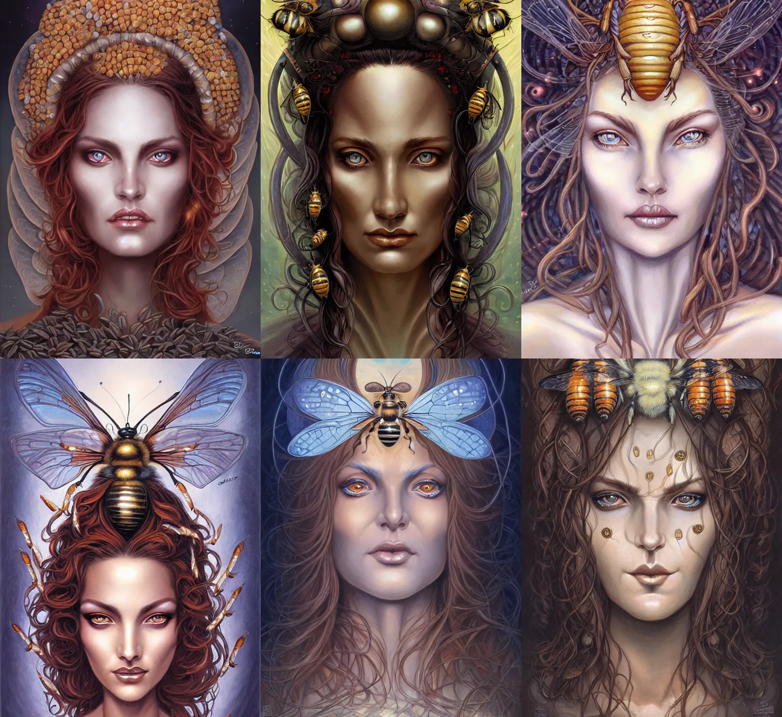 Prompt: stunning goddess of bees portrait, crystal clear eyes. realistic, symmetrical face. art by bowater charlie, mark brooks, julie bell, arian mark, tony sandoval