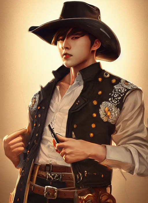 Image similar to a highly detailed illustration of bts v as cowboy wearing black cowboy hat, dramatic shooting gun pose, perfect face, intricate, elegant, highly detailed, centered, digital painting, artstation, concept art, smooth, sharp focus, league of legends concept art, wlop