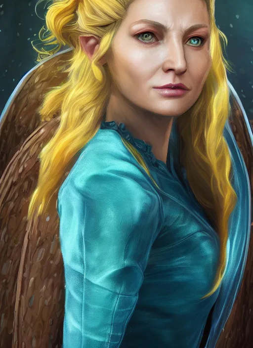 Prompt: an epic fantastic realism comic book style portrait painting of galadriel, teal energy, female, golden hair, d & d concept art, unreal 5, daz, hyperrealistic, octane render, cosplay, rpg portrait, dynamic lighting