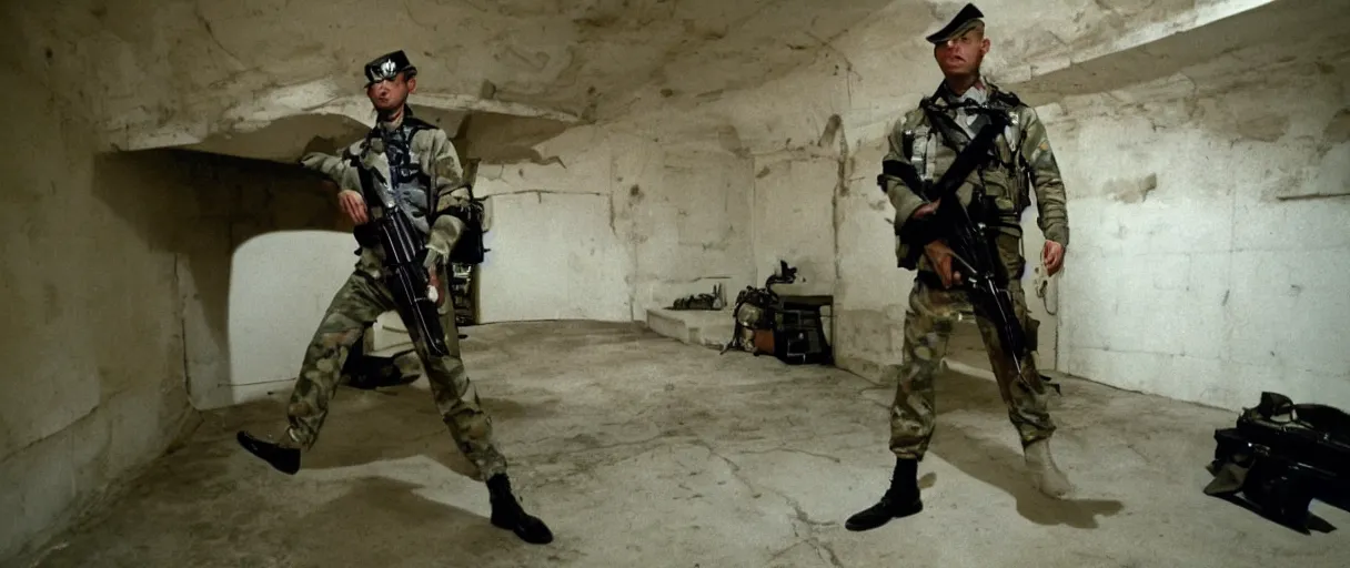 Prompt: filmic extreme wide shot dutch angle movie still 4k UHD 35mm film color photograph of a soldier wearing a 1982 us military outfit shooting an AK-47 toward the camera with a terrified look on his face, inside of a military bunker, in the style of a 1980s action film