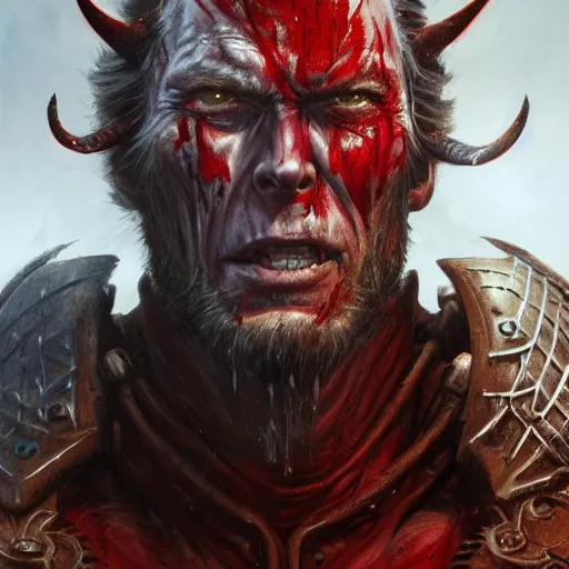 Prompt: closeup portrait shot of clint eastwood as khorne, the blood god, lord of skulls, kharneth, battle, rage, highly detailed, digital painting, artstation, concept art, soft focus, depth of field, artgerm, tomasz alen kopera, peter mohrbacher, donato giancola, wlop, boris vallejo