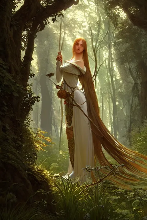 Image similar to beautiful digital painting of a stylish medieval female forest with high detail, 8 k, stunning detail, works by artgerm, greg rutkowski and alphonse mucha, unreal engine 5, 4 k uhd