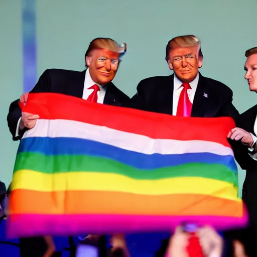 Image similar to donald trump holding up a gay pride flag