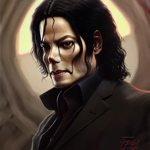 Image similar to Michael Jackson as John Wick, western, D&D, fantasy, intricate, elegant, highly detailed, digital painting, artstation, concept art, matte, sharp focus, illustration, art by Artgerm and Greg Rutkowski and Alphonse Mucha