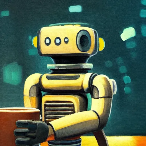 Prompt: soulful oil painting of a friendly empatic robot serving a cup of coffee, by simon stalenhaag, by laurie greasley, high depth of field, fresh colors, coffee beans, coffee, steam, hyperdetailed, hyperrealistic, moody light, 3 d octane render, 4 k, volumetric lights, smooth, cosy atmosphere, artstation!