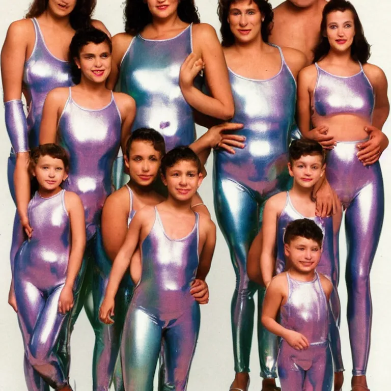 Image similar to a 1990's sears portrait, an incredibly muscular family wearing shiny reflective iridescent latex bodysuits